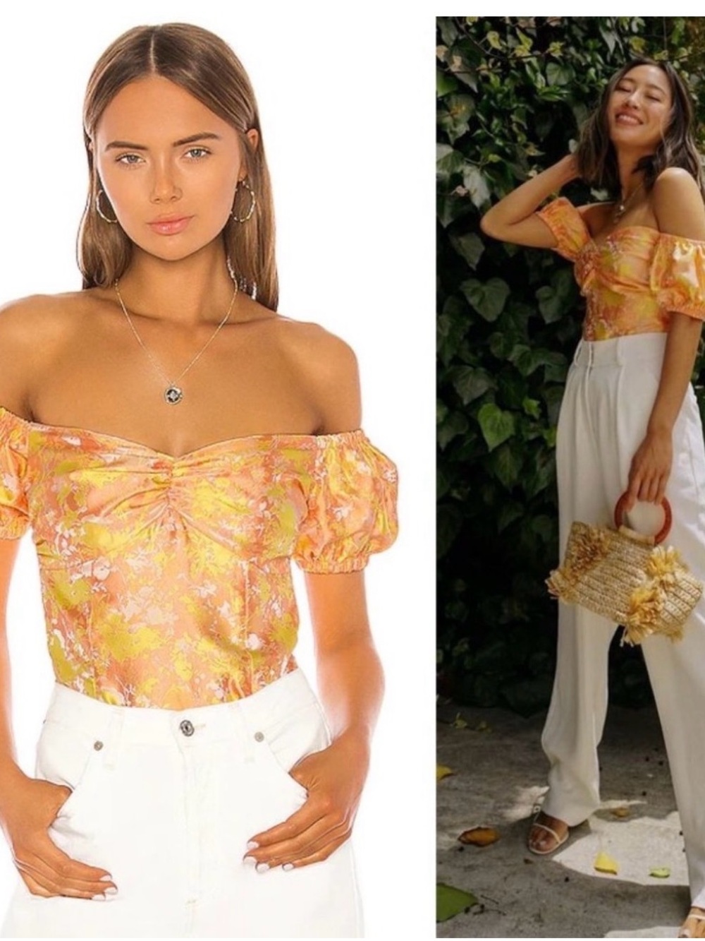 Revolve Song of Style Peach Floral Off-Shoulder Puff Sleeve Top